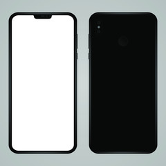 Poster - Brand new smartphone black color with blank screen vector mockup. Front and back view of modern multimedia mobile phone easy to edit and put your image or text