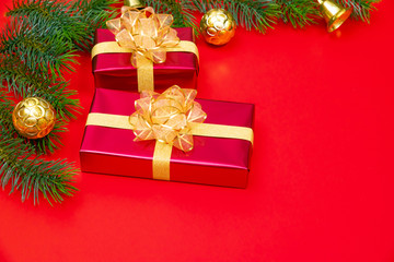 Christmas background concept. Top view of Christmas gift box gold balls with spruce branches