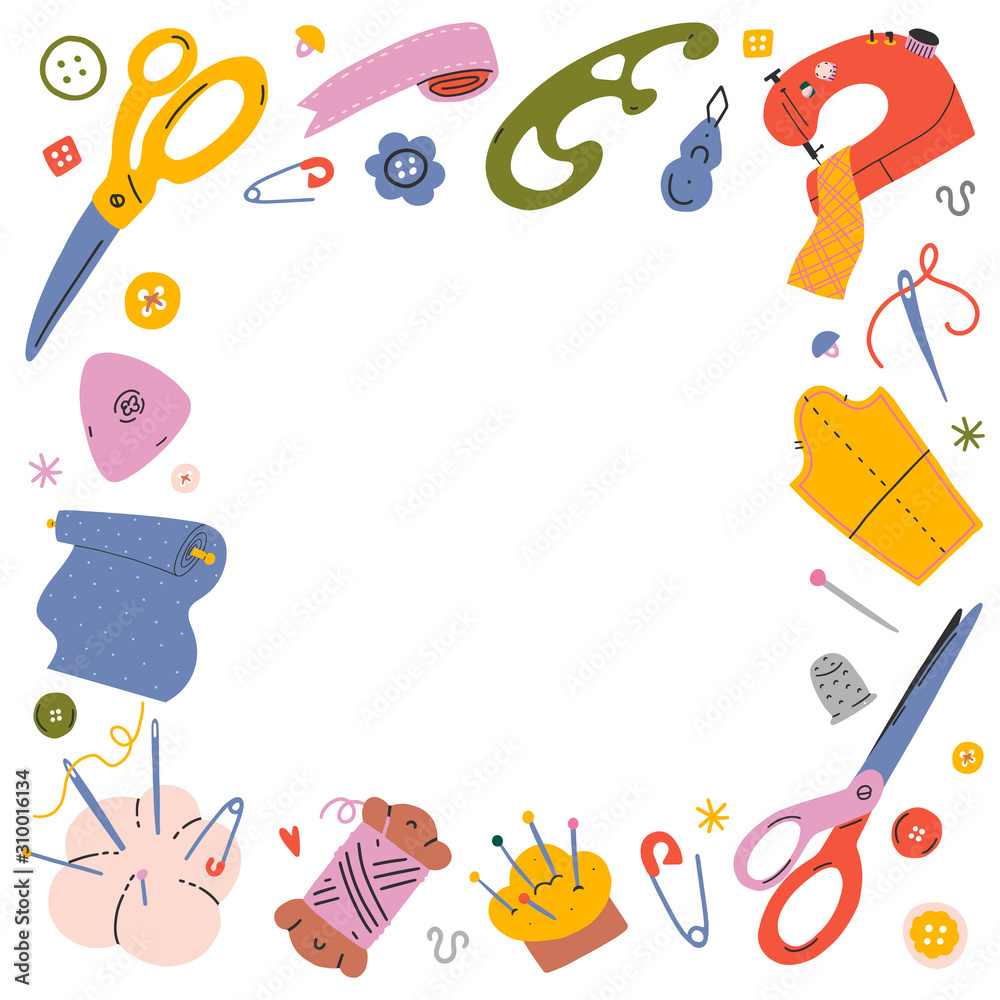 Sewing frame background. Vector template with hand drawn coloful  illustrations of sewing tools and supplies. Decorative border for banner,  text, good as poster. Needlework concept. Stock Vector | Adobe Stock, image size:1000x1000