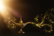 Image of magical mysterious aladdin lamp with glitter sparkle smoke over black background. Lamp of wishes