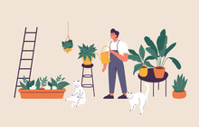Vector Illustration Man Taking Care Of Houseplants Growing In Planters. Young Cute Man Cultivating Potted Plants At Home.