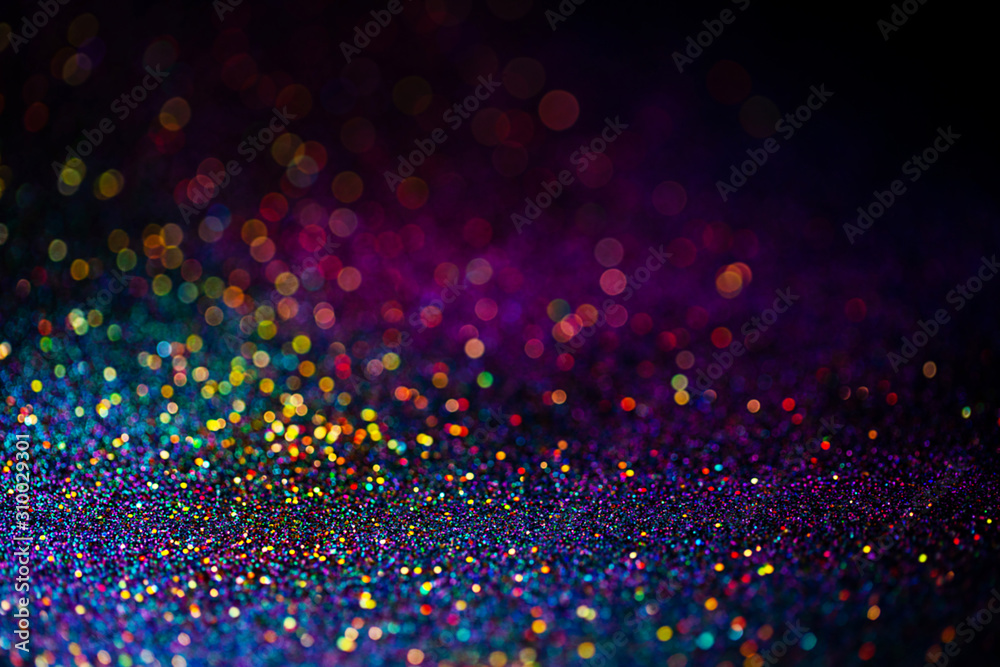 Shiny multicolor glitter raster background. Abstract shimmering pink, blue, yellow circles decorative backdrop. Bokeh lights effect illustration. Overlapping glowing and twinkling spots. - obrazy, fototapety, plakaty 