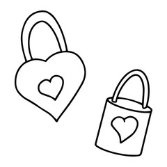 Wall Mural - Vector illustration Hand-drawn two padlocks with hearts. Black and white contour design element for valentines day. The object is isolated on a white background.