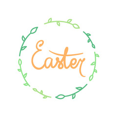 Wall Mural - Orange Easter hand drawn calligraphy with green leaves. Modern design for holiday greeting card, invitation on white background. Handwritten trendy lettering. Pastel graphic poster, brochure. Raster