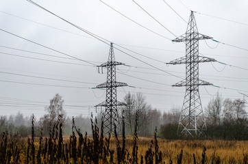 A transmission tower or electricity pylon. Steel lattice tower, used to support an overhead power line. The sky is covered with fog. Under the tower are trees and grass. Autumn landscape.