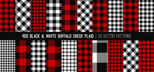 Wall Mural - Christmas Red, White and Black Buffalo Check Plaid Vector Patterns. Set of 20 Lumberjack Flannel Shirt Fabric Textures. Rustic Xmas Backgrounds. Pattern Tile Swatches Included.