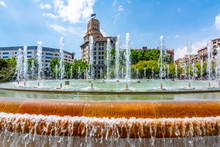 Catalonia Square (Placa De Catalunya) Fountain, Center Of Barcelona, Spain