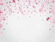 Happy Valentines Day background with pink confetti and glitter hearts. Falling shiny confetti. Bright festive tinsel. Party backdrop. Vector illustration