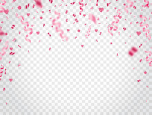 Happy Valentines Day Background With Pink Confetti And Glitter Hearts. Falling Shiny Confetti. Bright Festive Tinsel. Party Backdrop. Vector Illustration