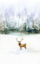 Watercolor Winter Landscape With Deer