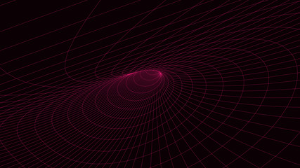 Poster - Vortex. Vector perspective curved grid. Wireframe abstract tunnel. 3D vector wormhole with a mesh structure.