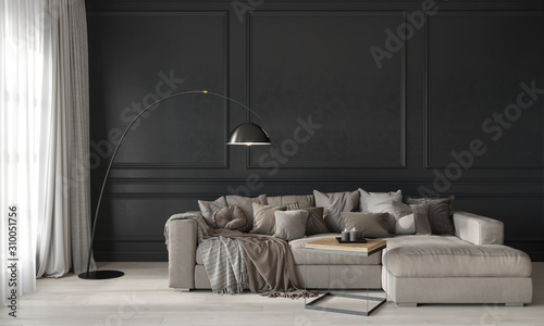 Cuadros en Lienzo Gray living room with a beige cozy sofa