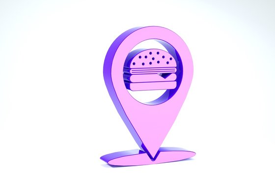 Purple Map pointer with fast food burger icon isolated on white background. 3d illustration 3D render