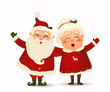 Mrs. Claus Together. Vector cartoon character of Happy Santa Claus and his wife isolated. Christmas family celebrate winter holidays. Cute Santa Claus with Mrs. Claus waving hands and greeting.