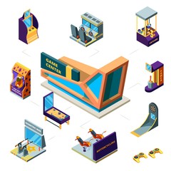 Poster - modern game center concept. 3d game machines. race simulator darts arcade funny games for kids pinba