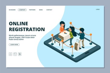 Poster - Online registration landing page. Isometric front desk, passengers with luggage. Airport online services vector concept. Illustration of online electronic check to travel