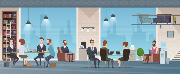 Aufkleber - coworking center. open space business center interior work place environment vector cartoon backgrou