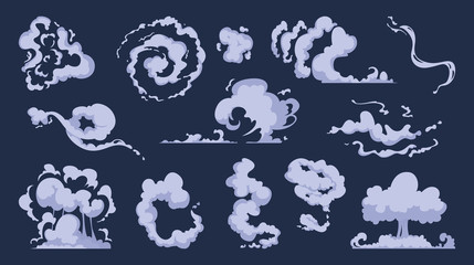 Wall Mural - cartoon smoke. vfx comic bang clouds explosion of bomb speed storm motion wind vector art collection