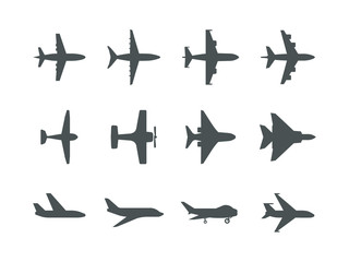 Wall Mural - planes symbols. aircraft silhouettes jet aviation transportation for travel vector icons or pictogra
