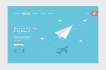 Airplane landing. Success business web page concept picture with paper planes goals destination vector template. Illustration business airplane development