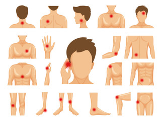 Sticker - Body pain. Physical injury human trauma symbols on legs shoulders hands pain dots vector set. Pain leg, elbow or shoulder and knee illustration