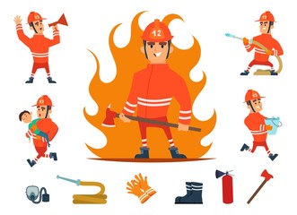 Wall Mural - Firemen and equipments. Fireman profession working. Cartoon tools, children and fire, hose and hydrant isolated vector set. Character profession, professional firefighter work illustration