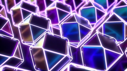 Poster - Abstract background with moving iridescent cubic shapes. Geometric neon glowing objects. Footage with abstract wave effect. Motion design pattern. 3d rendered animation. 4K UHD