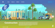 Vector flat illustration - country house construction, builders and pickup. Template web interface