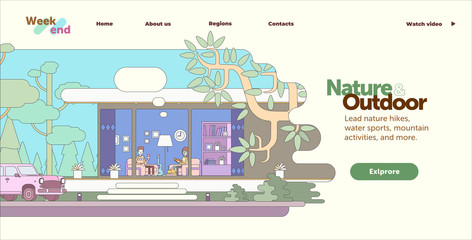 Flat vector illustration - in the evening, a couple sitting under the floor lamp in the house, outside the window of nature and trees. Template web interface