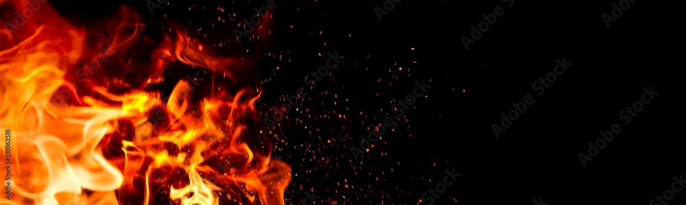 Fire Flame on black background. Flame border close up. Sparks from bonfire over dark night background. Christmas backdrop, wide screen - obrazy, fototapety, plakaty 