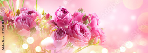 Pink Roses bouquet, blooming roses. Rose flowers bunch art design, nature. Ho...