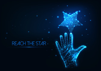 Wall Mural - Futuristic dream concept with glowing low polygonal human hand reaching the star
