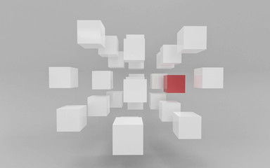 Poster - white and red flying cubes and boxes in in front of white background abstract 3 render illustration