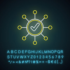 Sticker - Survey mark neon light icon. Correct answer. Right checkmark. Approve mark, agree tick. Molecular structure system. Glowing sign with alphabet, numbers and symbols. Vector isolated illustration