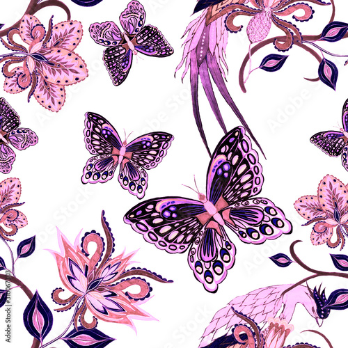 Watercolor seamless pattern with paisley flowers, butterflies and birds in et...