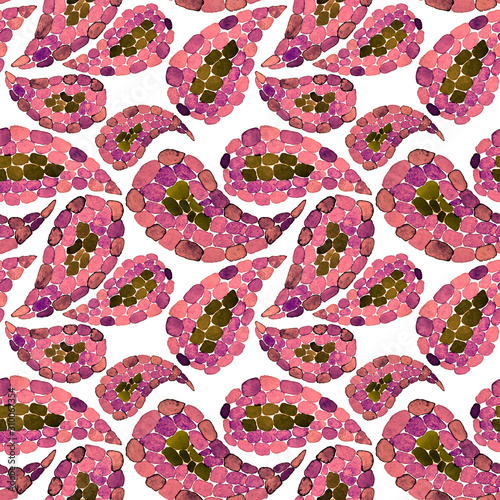 Watercolor seamless pattern with paisley in mosaic style. Tribal ethnic seaml...