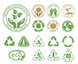 Ecology icons set. Symbols of nature conservation and environmental protection. Reduce, reuse and recycle. Recyclable 100% and  Zero waste. Emblems with  stamp texture. Isolation. Vector illustration