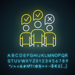 Sticker - Community survey neon light icon. Group administered questionnaire. Public opinion polling. Social research. Feedback. Glowing sign with alphabet, numbers and symbols. Vector isolated illustration