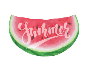 Wall Mural - Slice of watermelon with lettering happy summer on white background, summer fruit, Vector illustration. design for greeting card and invitation of seasonal summer holiday.