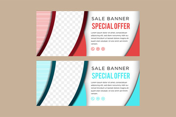 Poster - Collection blue and red horizontal business banner. Set vector templates. Clean modern geometric abstract background layout for website design. Simple creative cover header. line pattern.  photo space