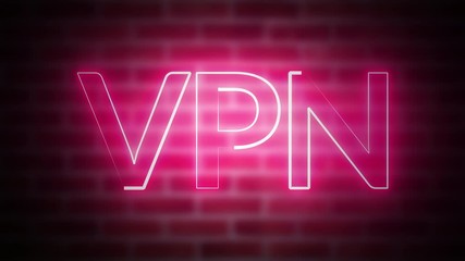 Poster - 3D rendering of shine text VPN against the background of brick, computer generated wireframe symbol with glowing laser light