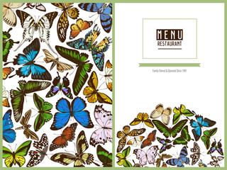 Menu cover design with colored papilio ulysses, morpho menelaus, graphium androcles, morpho rhetenor cacica, papilio demoleus, cethosia biblis, papilio antimachus, alcides agathyrsus, ornithoptera