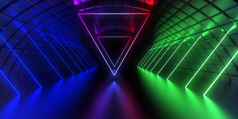abstract architecture tunnel with neon light. 3d illustration