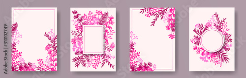 Tropical herb twigs, tree branches, flowers floral invitation cards collectio...
