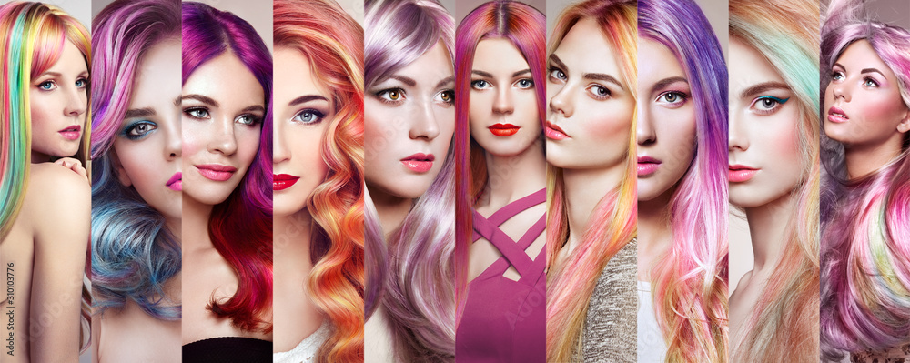 Beauty fashion collage girls with colorful dyed hair. Faces of women. Girl with perfect makeup and pink hairstyles - obrazy, fototapety, plakaty 