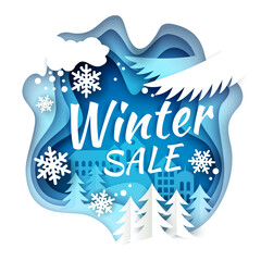winter sale promotion banner, poster, vector paper cut illustration
