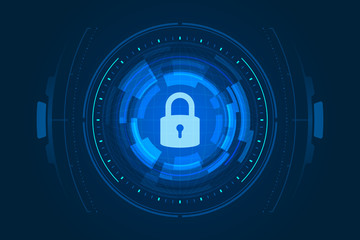 Cyber security illustration, lock icon and HUD on dark blue background.