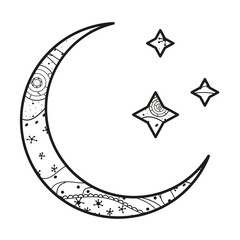 Wall Mural - Crescent moon and stars with abstract patterns on isolation background. Design for spiritual relaxation for adults. Line art creation. Black and white illustration for anti stress colouring page