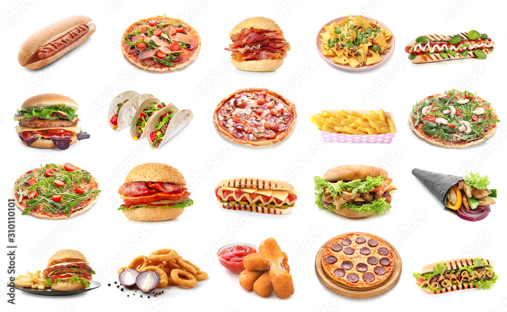 Set of different fast food products on white background - obrazy, fototapety, plakaty 