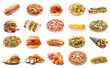 Set of different fast food products on white background